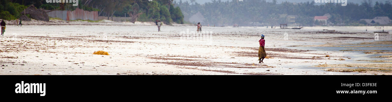 Locals walk, cycle, and stroll on the beach. Zanzibar, Tanzania Stock Photo