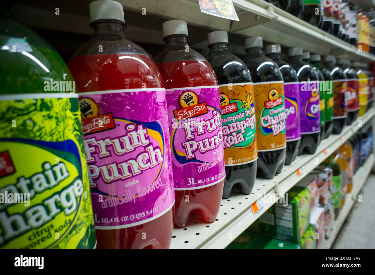 Three liter bottles of house brand soda are seen on a supermarket shelf in New York Stock Photo