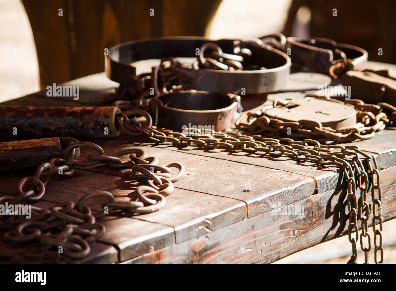 Close view detail of a table filled with torture instruments. Stock Photo