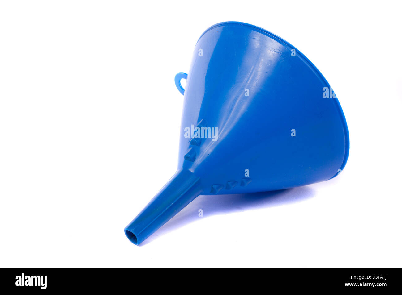 Close up view of a blue funnel for use with water or oil isolated on a white background. Stock Photo