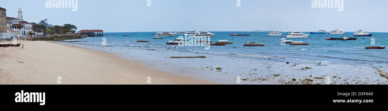 The view of the sea and ships at anchor from Stonetown Harbor. Zanzibar, Tanzania Stock Photo