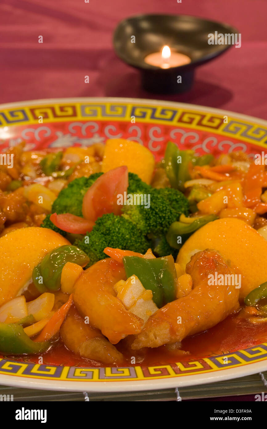 Sweet and Sour Shrimp, Pork, and Chicken entree. Stock Photo