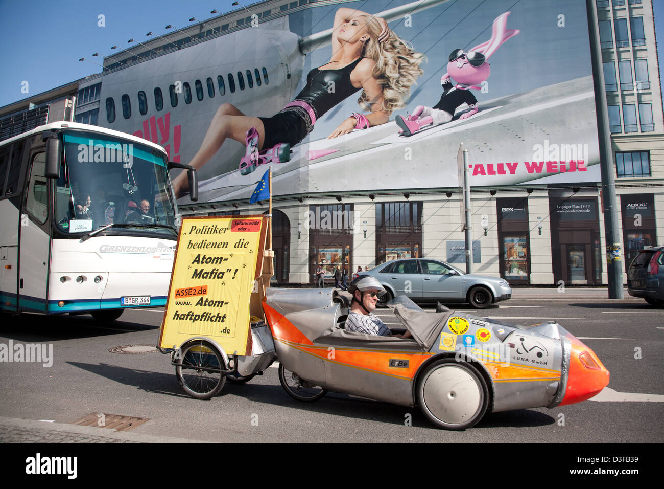 Berlin, Germany, a converted car with nuclear Protest Poster at Potsdamer Platz Stock Photo