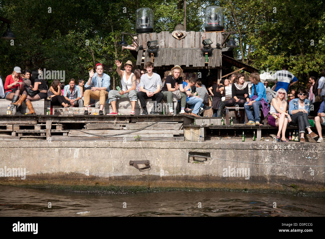 Berlin, Germany, visitors at Bar 25 on the River Spree Stock Photo