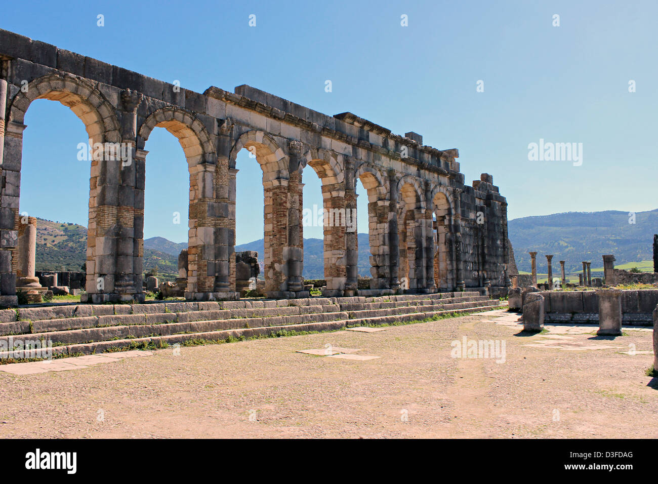 An overview of the building in the archaeological site Volubilis, in Morocco. World Heritage Site UNESCO. Stock Photo