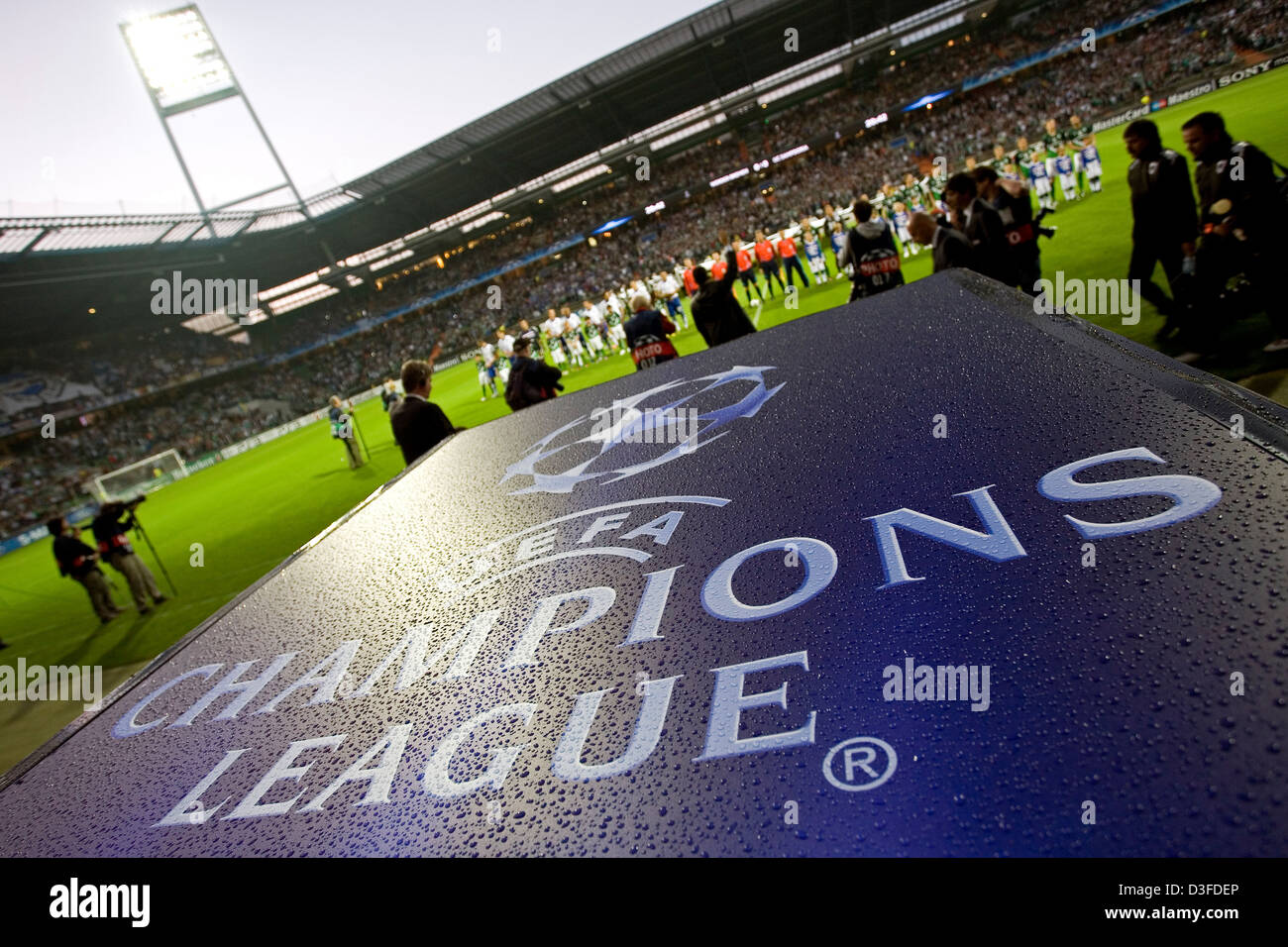 Bremen, Germany, the UEFA Champions League logo before a match at the Weser stadium Stock Photo