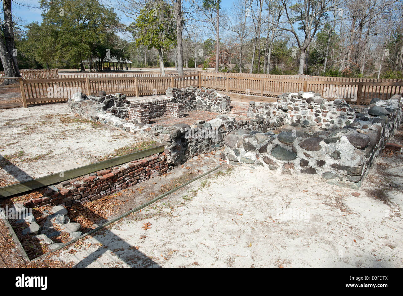 Sailing ship ballast stones used as foundation for American Pre-Revolutionary war structures in Brunswick Town, North Carolina. Stock Photo