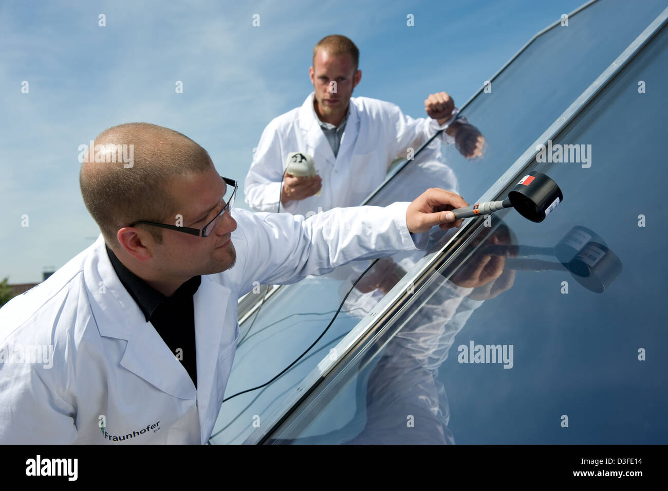 Freiburg, Germany, for an employee on the roof of the Fraunhofer Institute for Solar Energy Systems ISE Stock Photo