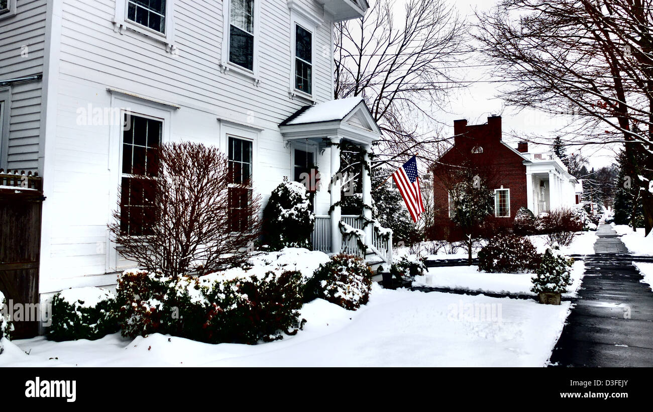 Idyllic winter scene in Newtown CT, USA. One month after the School