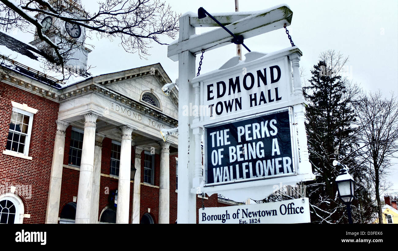 A sign on Newtown town hall as Newtown CT gets back to normal a month after school shootings in Sandy Hook. Stock Photo