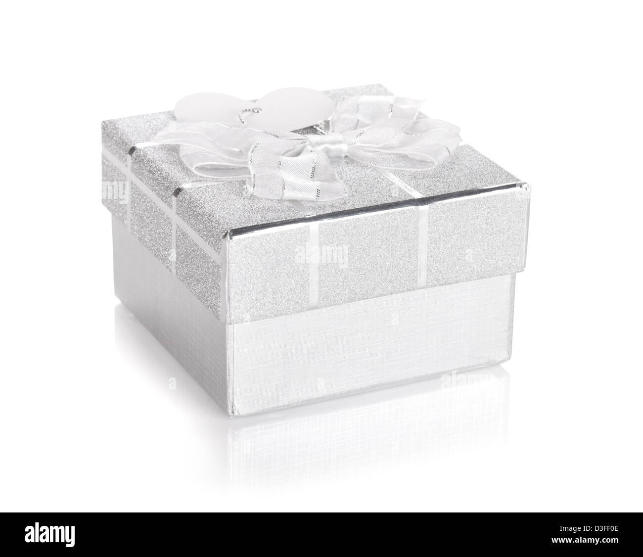 Silver gift box with bow and heart label. Isolated on white background ...