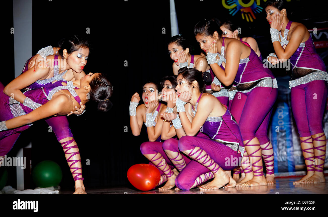 Group of young performers on the stage Stock Photo Alamy