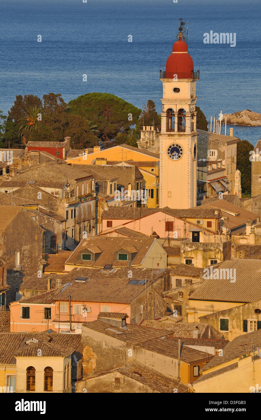 Kerkira, Corfu, some houses and a chruch seen from the new fortress Stock Photo