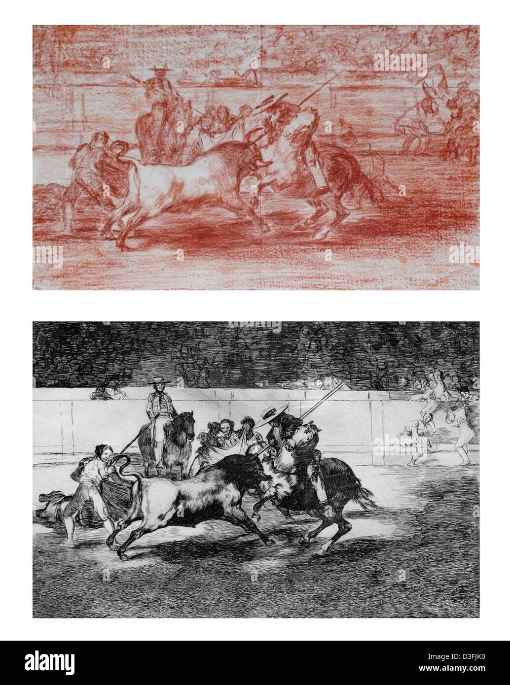 (dpa) - The picture combo shows a red sanguine and below the finished etching of the scene 'The Forceful Rendon Stabs a Bull With the Spear, From Which Pass He Died in the Ring at Madrid' by Francisco de Goya, shown at the Tauromaquia (the art of bull fight) exhibition at the Kunsthalle (art hall) in Hamburg, 10 July 2003. Goya's ambitious bullfight series, 'La Tauromaquia', consis Stock Photo