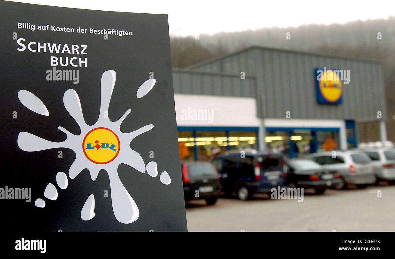 dpa) - The photo shows a Lidl black book by the workers' union ver.di in  front of a Lidl store in Stuttgart, Germany, 10 December 2004. In the black  book the union