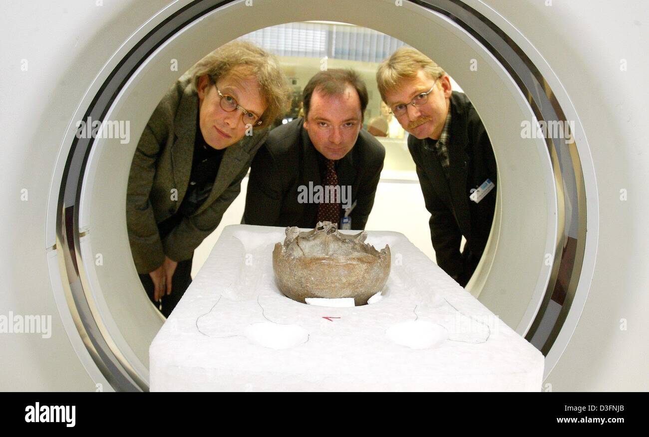 (dpa) - Scientists (from L:) Christoph Zollikofer, Thorsten Buzug and Ralf W. Schmitz look at a part of the skull of the Neanderthal man which is ready for a computer tomography in a laboratory in Remagen, Germany, 27 October 2004. The bones of the skeleton, which was found in August 1856 in the Neanderthal Valley near Duesseldorf, Germany, will be scanned to enable the scientists  Stock Photo