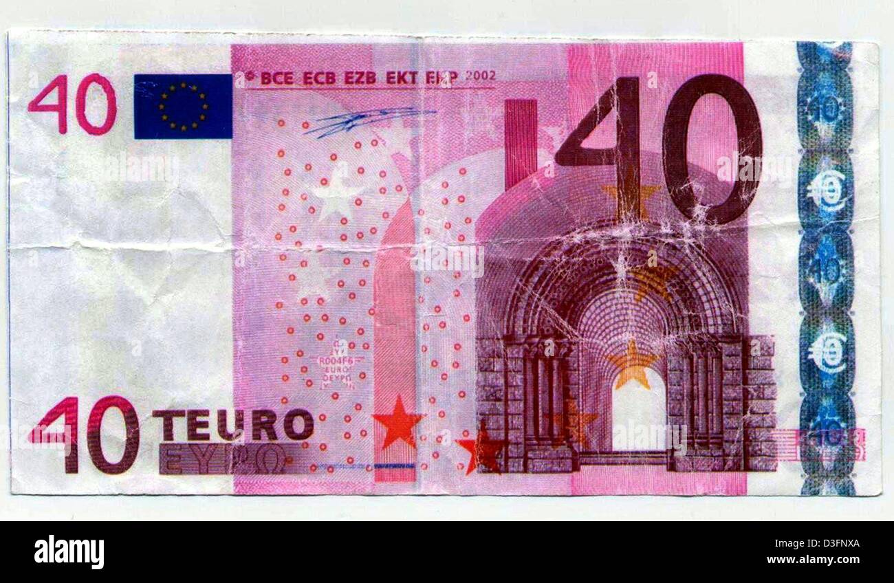 (dpa) - The police photo shows a counterfeit 40-TEuro-note (TEuro is a compound word of Euro and 'teuer' which means 'expensive') which was distributed by unknown suspects during the carnival season, in Calw, southern Germany, 6 March 2003. Although there are no 40 Euro notes, the counterfeit money looks quite similar to the real 10 Euro notes. Stock Photo