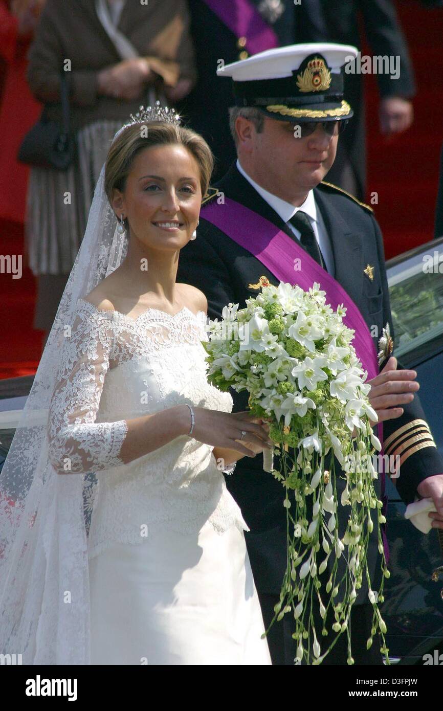 dpa) - Prince Laurent of Belgium and his wife, Princess Claire, leave after  their wedding ceremony at the St Michael and St Gudula Cathedral in  Brussels, Belgium, 12 April 2003. After their