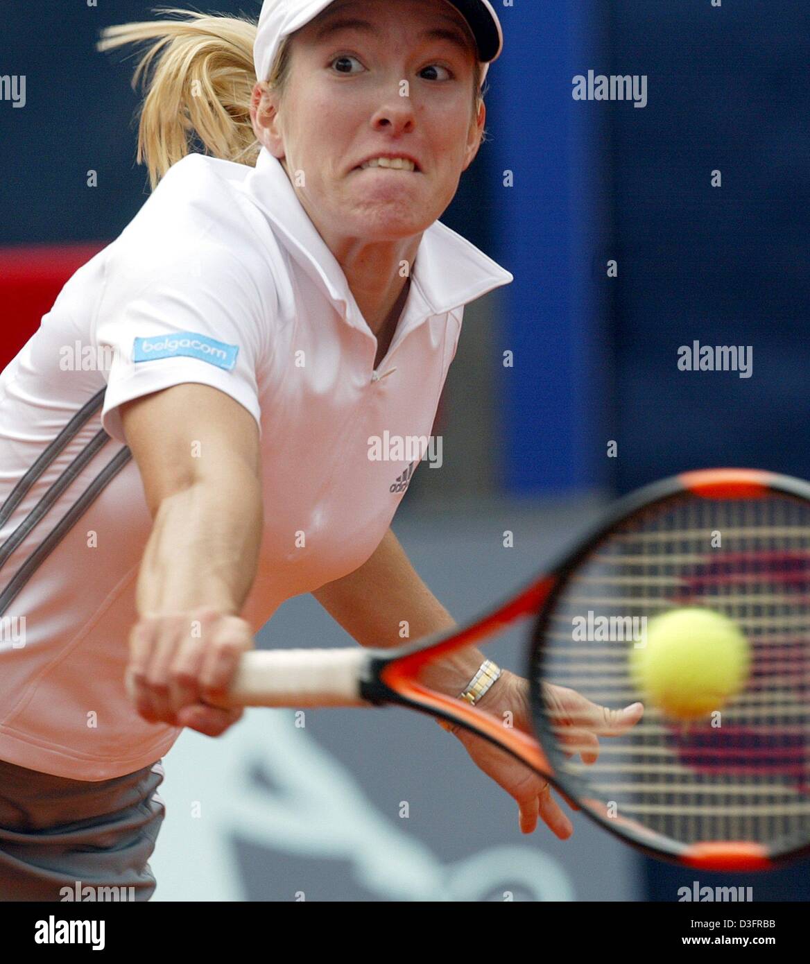 (dpa) - Belgian tennis player Justine Henin-Hardenne plays a backhand at the 96th International German Open in Berlin, 6 May 2003. Henin-Hardenne won the tournament in 2002. She beat Czech player Daja Bedanova in the 2003 second round in two sets 6-4, 6-1. Stock Photo