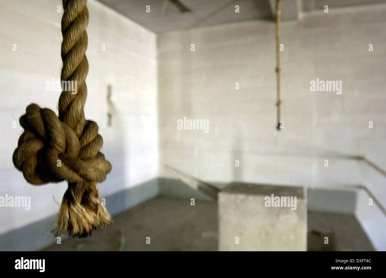 (dpa) - Two ropes hang down from the ceiling in the execution chamber of the infamous Iraqi state security prison Abu Ghraib around 30 kilometres west of Baghdad, Iraq, 2 May 2003. Thousands of political prisoners had been tortured and executed in the prison. Stock Photo