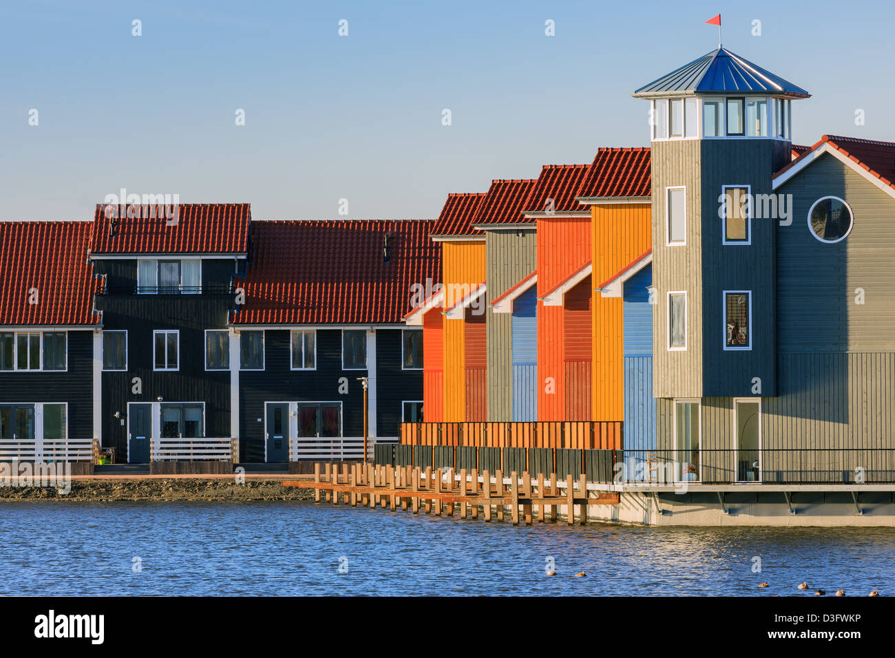 Colourful houses at Reitdiephaven, Groningen, Netherlands Stock Photo