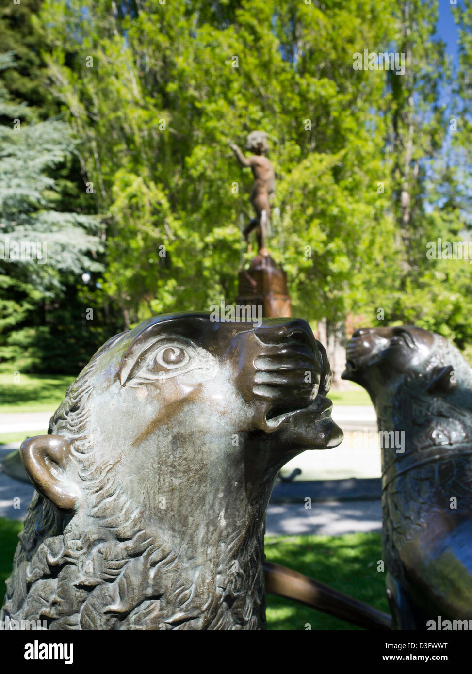 View of Lion statues, Queens Park, central Invercargill, New Zealand