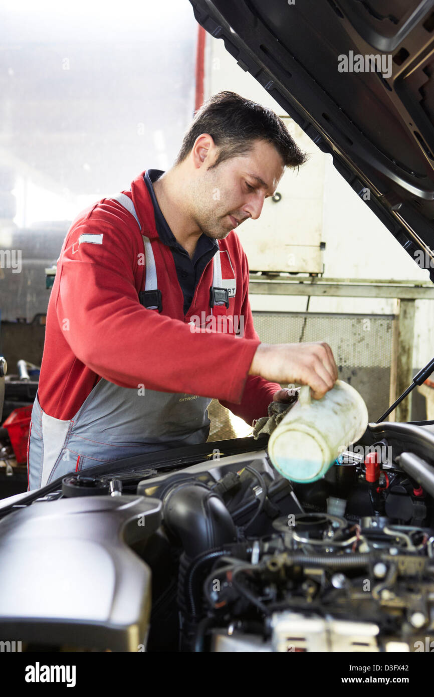Car mechanic pouring coolant in his auto repair shop Stock Photo Alamy