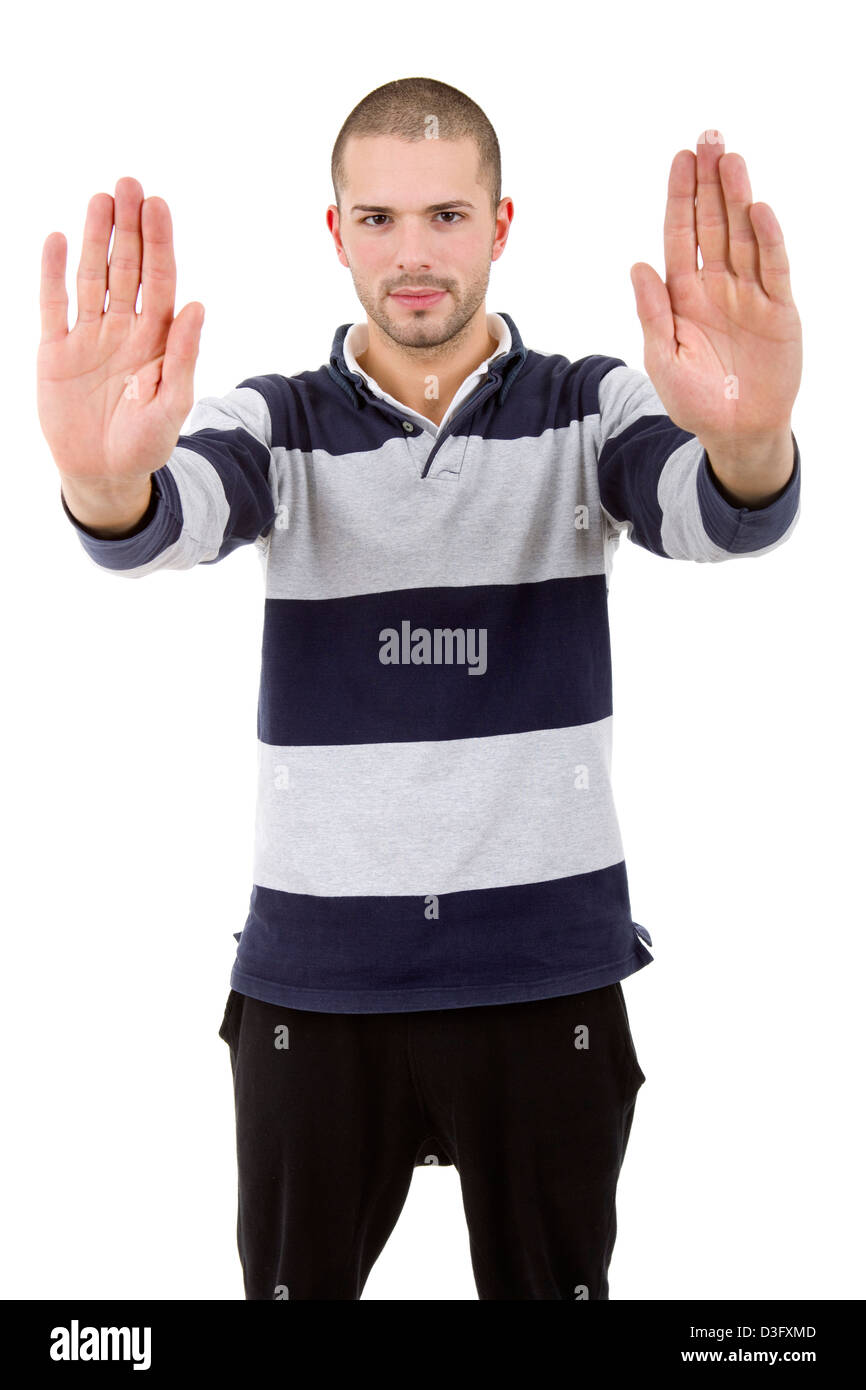 young man making stop with his hands isolated Stock Photo Alamy