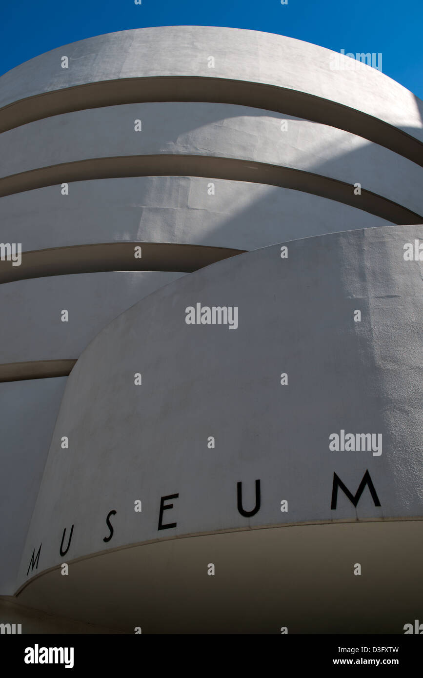 The Guggenheim Museum on Fifth Avenue with sunny blue sky. Stock Photo
