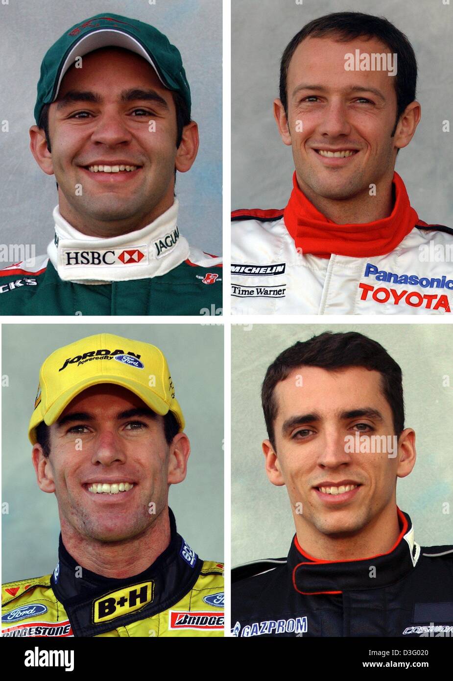 (dpa) - A combo shows the newcomers of this formula one season: Brazilian Antonio Pizzonia of the Jaguar team (top L), Brazilian Cristiano da Matta of the Toyota team (top R), Britain's Justin Wilson of the Minardi team (bottom R) and British Ralph Firman of the Jordan team, all four pictured on the Albert Park race track in Melbourne, 6 March 2003. The Australian Grand Prix will k Stock Photo