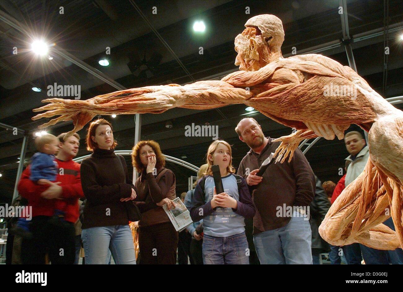 (dpa) - Visitors look at an exhibit at the Body World exhibition in Munich, Germany, 23 February 2003. After weeks of debates, the Bavarian administrative court approved on 21 February 2003 of the controversial exhibition Body Worlds to exhibit in Munich. But not all of the prepared human bodies are allowed to be exhibited. Stock Photo