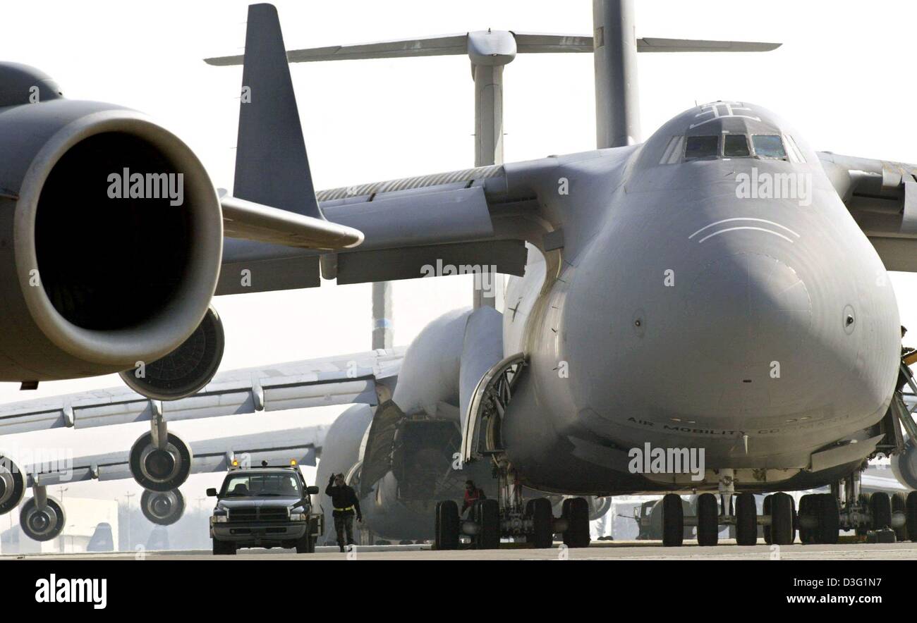 (dpa) - Cargo planes of the type 'Galaxy' are ready for lift off at the US airbase in Ramstein, Germany, 19 March 2003. Starting from Ramstein the airplanes can fly nonstop to the Persian Gulf. Ramstein airbase is the largest US airbase in Europe and is used mainly for transport flights. Stock Photo