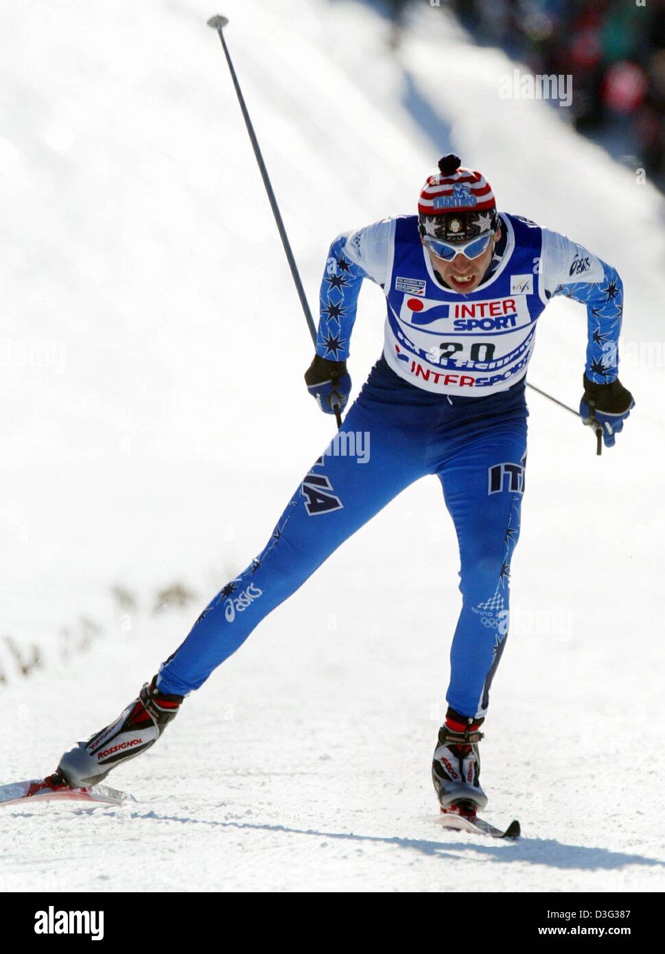 (dpa) - Italian skier Cristian Zorzi races during the qualification training for the 1.5 km sprint event of the nordic skiing world championships in Tesero in the Val di Fiemme, Italy, 26 February 2003. He finished first in the training, but made only eighth place in the competition run. Stock Photo