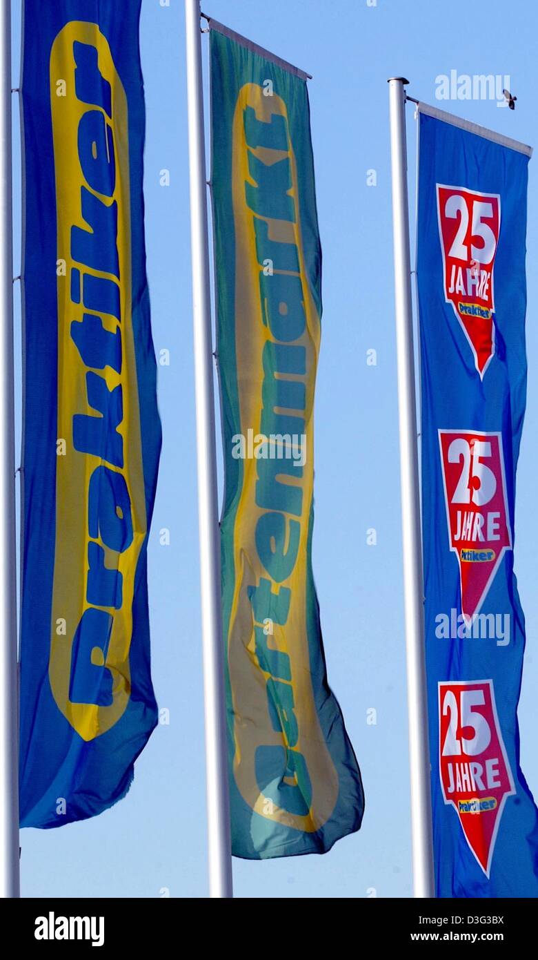 (dpa) - Flags with the company logo of the German DIY store Praktiker fly in front of a store in Cologne, 26 February 2003. Praktiker is a subsidiary company of METRO. After suffering losses Metro might now sell the DIY store chain. Stock Photo