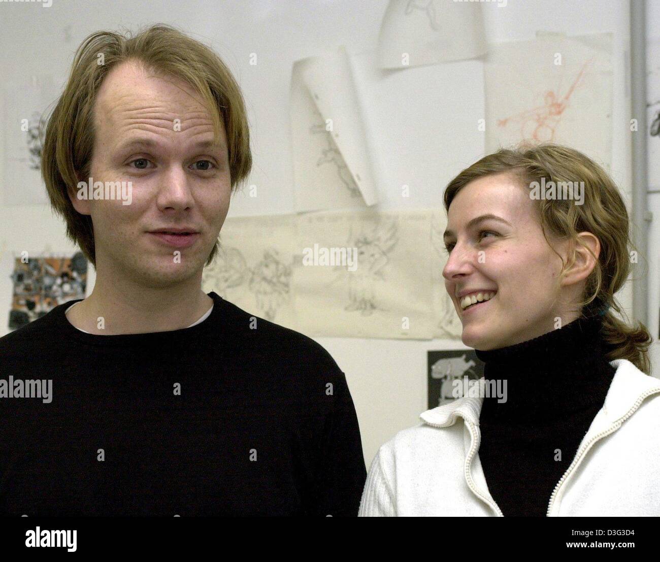 (dpa) - Film directors Heidi Wittlinger and Chris Stenner are photographed at the Filmakademie in Ludwigsburg, Germany, 24 February 2003. Their 9-minutes long animated short film 'Das Rad' (the wheel) was nominated for the Oscar as Best Animated Short Film. 'Das Rad' was made both with tradtitional stop motion effects as well as with 3D computer animation and tells the story of the Stock Photo