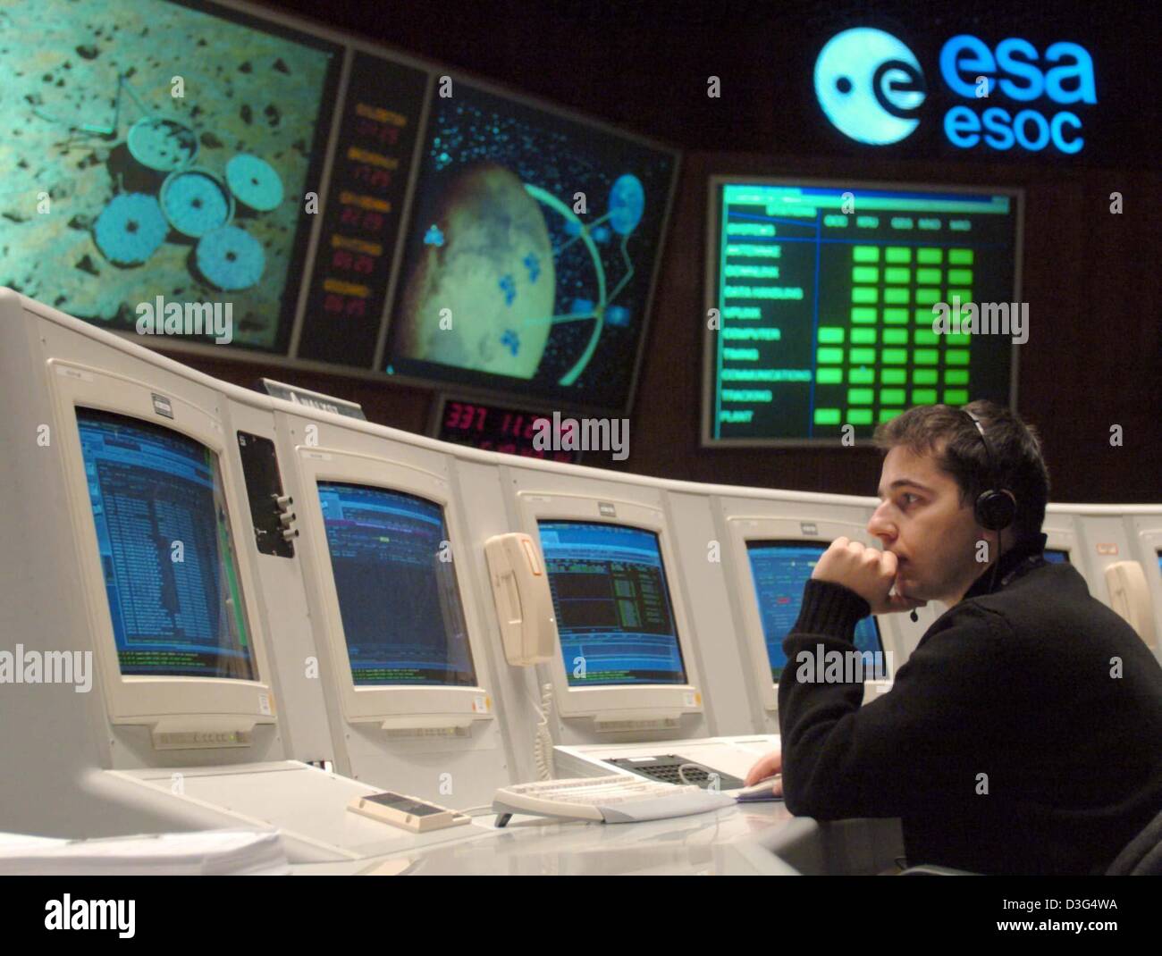 (dpa) - An employees watches a simulation of possible failures of the European planetary space probe 'Mars Express' during its flight to the red planet at the master control centre of the European Space Agency (ESA) in Darmstadt, Germany, 3 December 2003. The probe was launched from the Russian spaceport in Baikonur and is now on its way to Mars. The landing unit 'Beagle 2' is sche Stock Photo