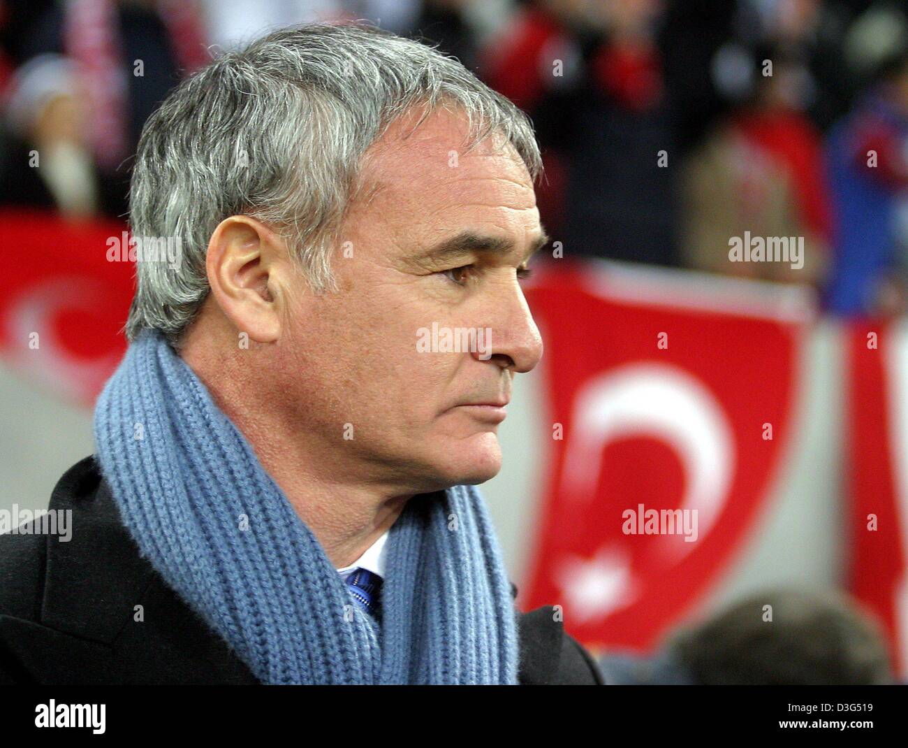 (dpa) - Chelsea's Italian coach Claudio Ranieri watches the European Champions League group game of Chelsea London against Besiktas Istanbul in Gelsenkirchen, Germany, 9 December 2003. Chelsea won the game 2-0 and enters the Round of 16 as group winner. The game was relocated from Istanbul to Germany because of the recent bomb attacks in the Turkish metropolis. Stock Photo