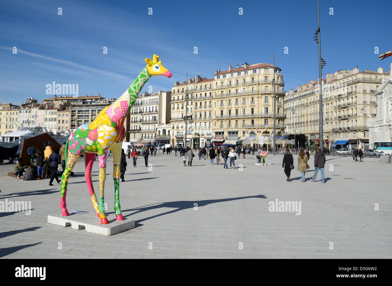 Public Town Square & Giraffe Sculpture on the Quay,or Quayside Quai des Belges Vieux Port or Old Port Marseille Provence France Stock Photo