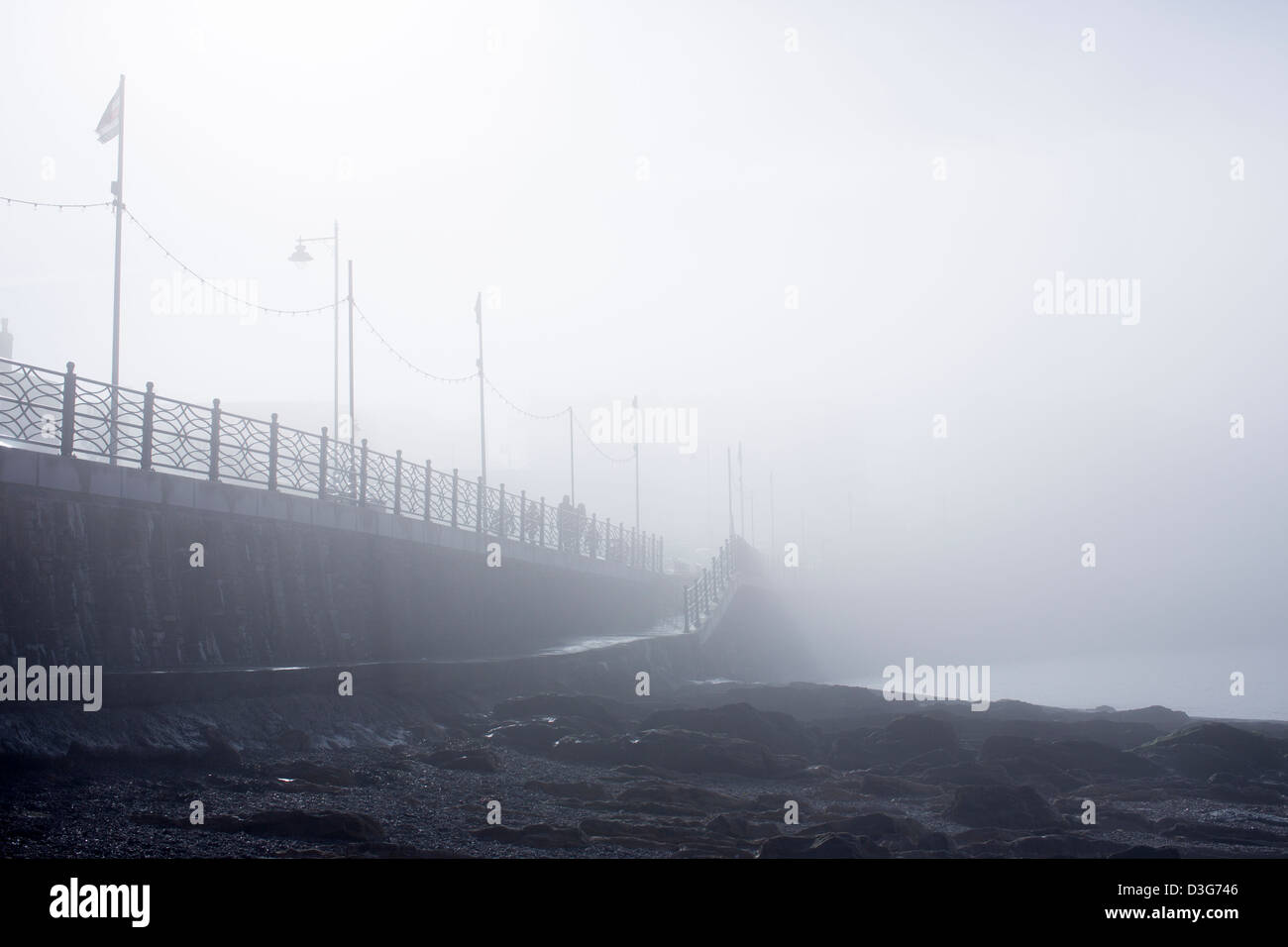 Clevedon seafront in heavy morning fog and mist. Stock Photo