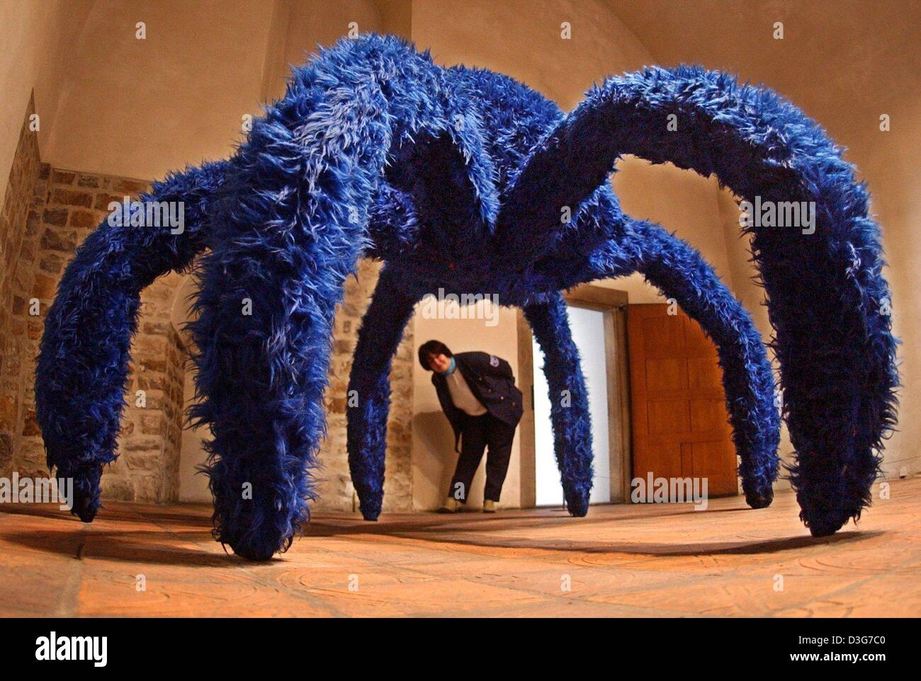 (dpa) - A 'blue widow spider' is the artwork by artist Pino Pascall during the exhibition 'La Poetica dell Arte Povera' (the poetics of poor art) at the art museum in Magdeburg, Germany, 1 October 2003. The exhibition shows the current Italian avant-garde 'Arte Povera' (poor art) and runs until 7 December. Stock Photo