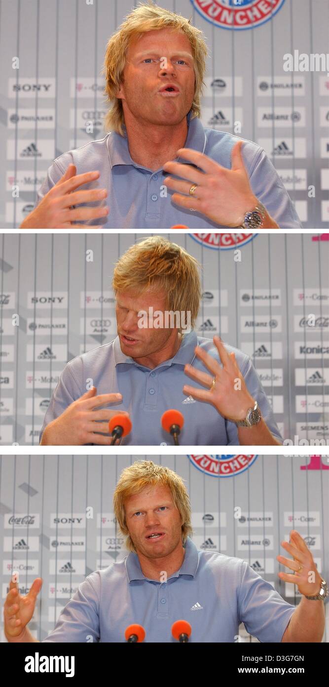 (dpa) - The combo shows Oliver Kahn, the goalkeeper of the German Bundesliga soccer club FC Bayern Munich, gesturing during a press conference in Munich, 7 November 2003. Stock Photo