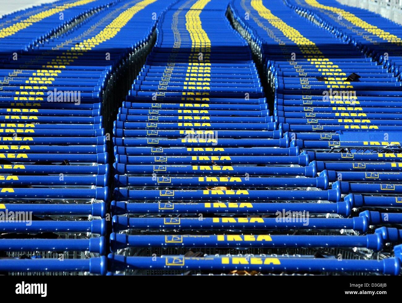 (dpa) - Rows and rows of shopping carts printed with the IKEA company logo stands ready to be used at the new IKEA shopping centre near Munich, Germany, 16 October 2003. IKEA will opene their 31st branch in Germany on 23 October 2003. The area coveres 74,600 square metres of which 18,000 square metres are taken in by the sales room. The centre was built in the record time of  9 mon Stock Photo