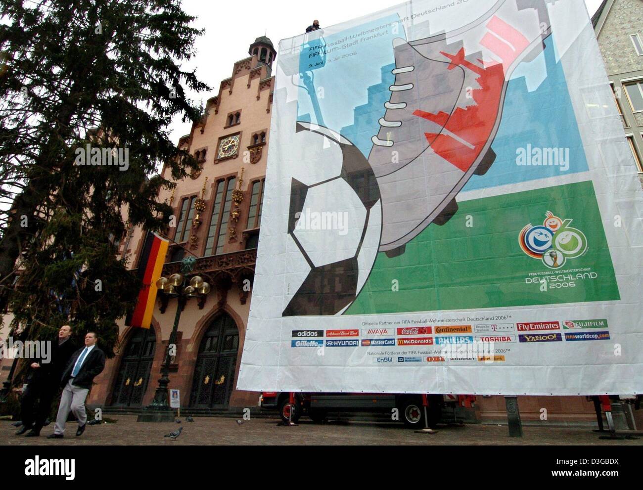(dpa) - The official FIFA Soccer World Cup 2006 poster for the city of Frankfurt can be seen in front of the city hall in Frankfurt, Germany, 9 November 2004. During the World Cup in 2006 the giant poster will be on display in changing spots of the city. Stock Photo