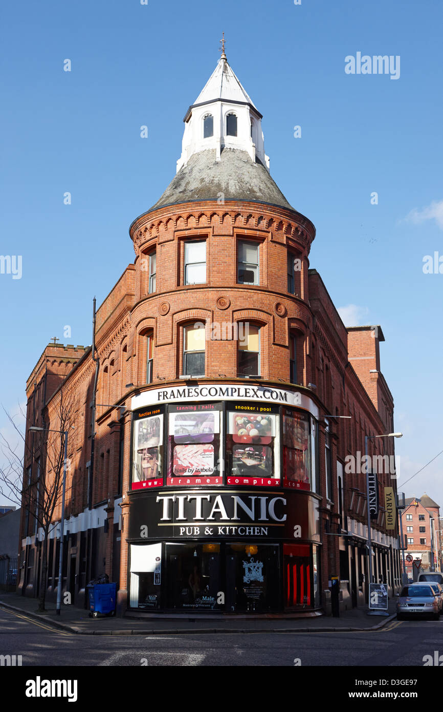 frames complex and titanic pub in the library house triangular building Belfast Northern Ireland uk Stock Photo