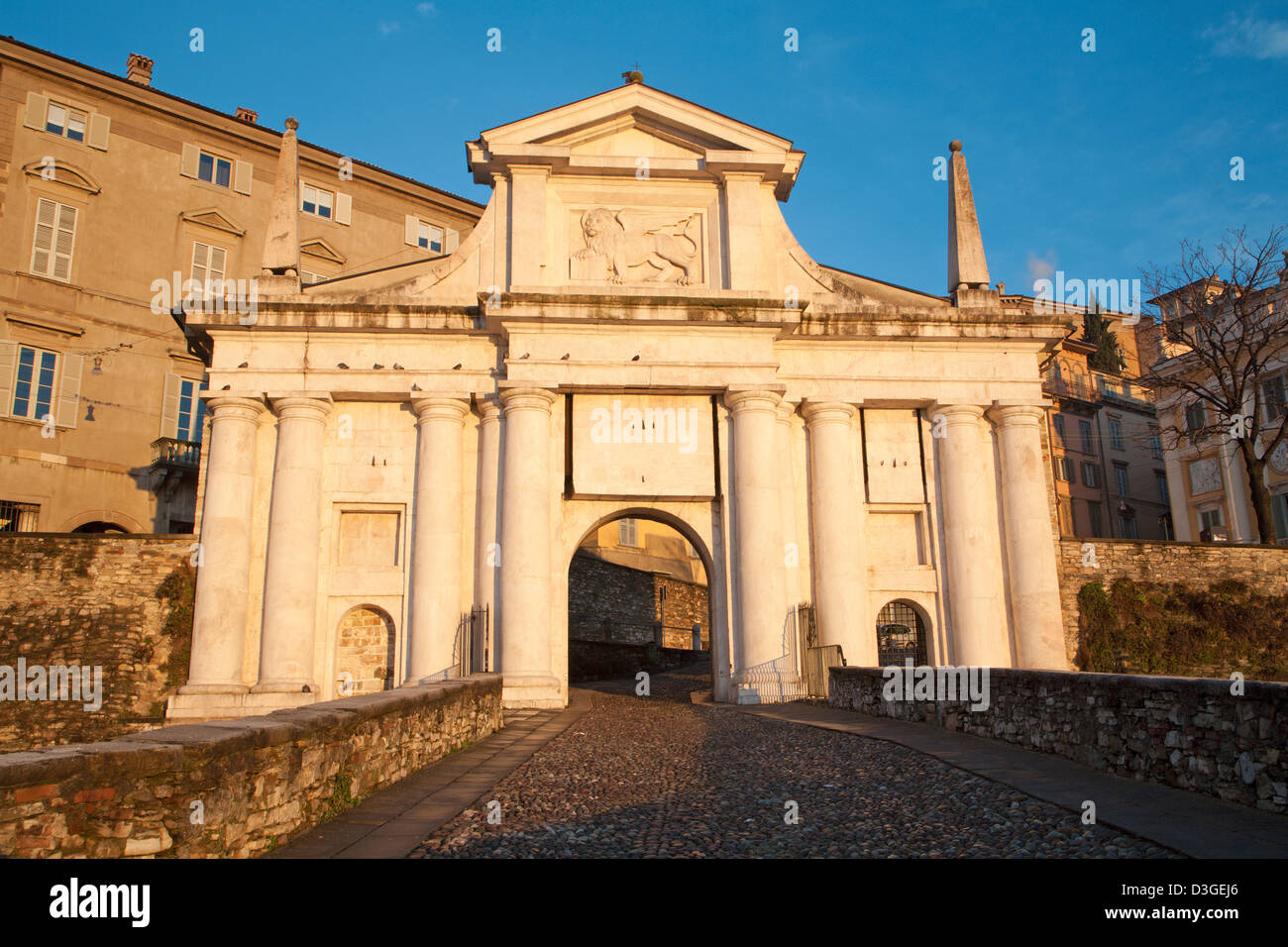 Bergamo - San Giacomo gate - Porta San Giacomo in morning light Stock Photo