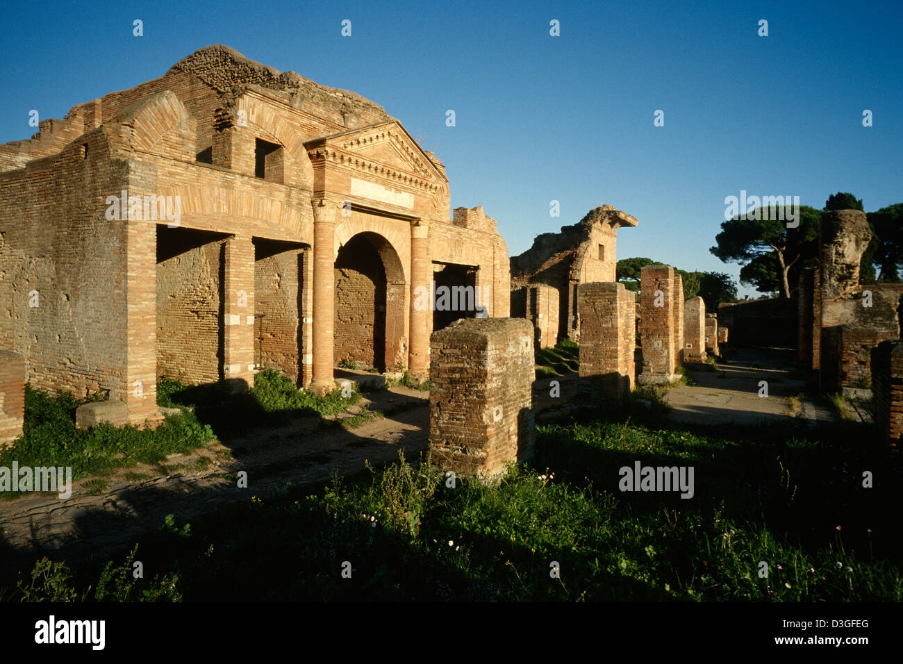 Building ruins at the ancient port archeological site of Ostia Antica ...