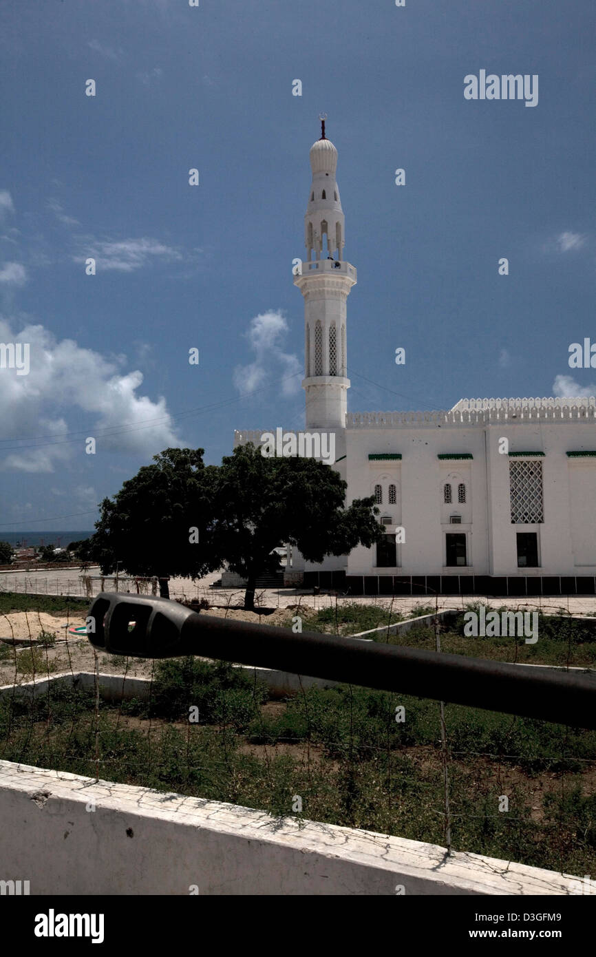 A view of a mosque taken from an AMISOM Casper armoured vehicle opposite the Parliament Building AMISOM military base Stock Photo