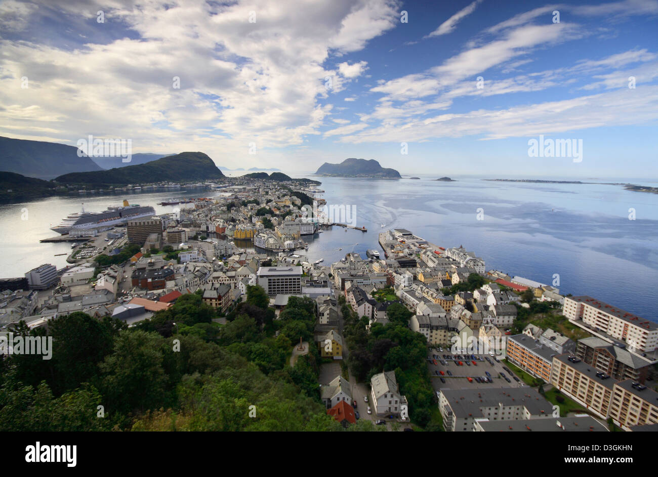 Aerial view over the beautiful city of Alesund on the Norwegian coast. Stock Photo