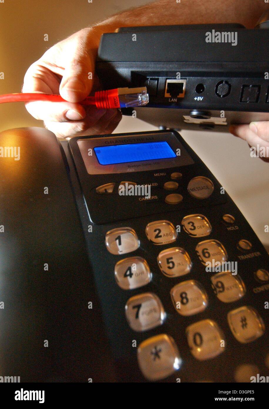 (dpa files) A man connects an Internet phone with an Internet cable on ...