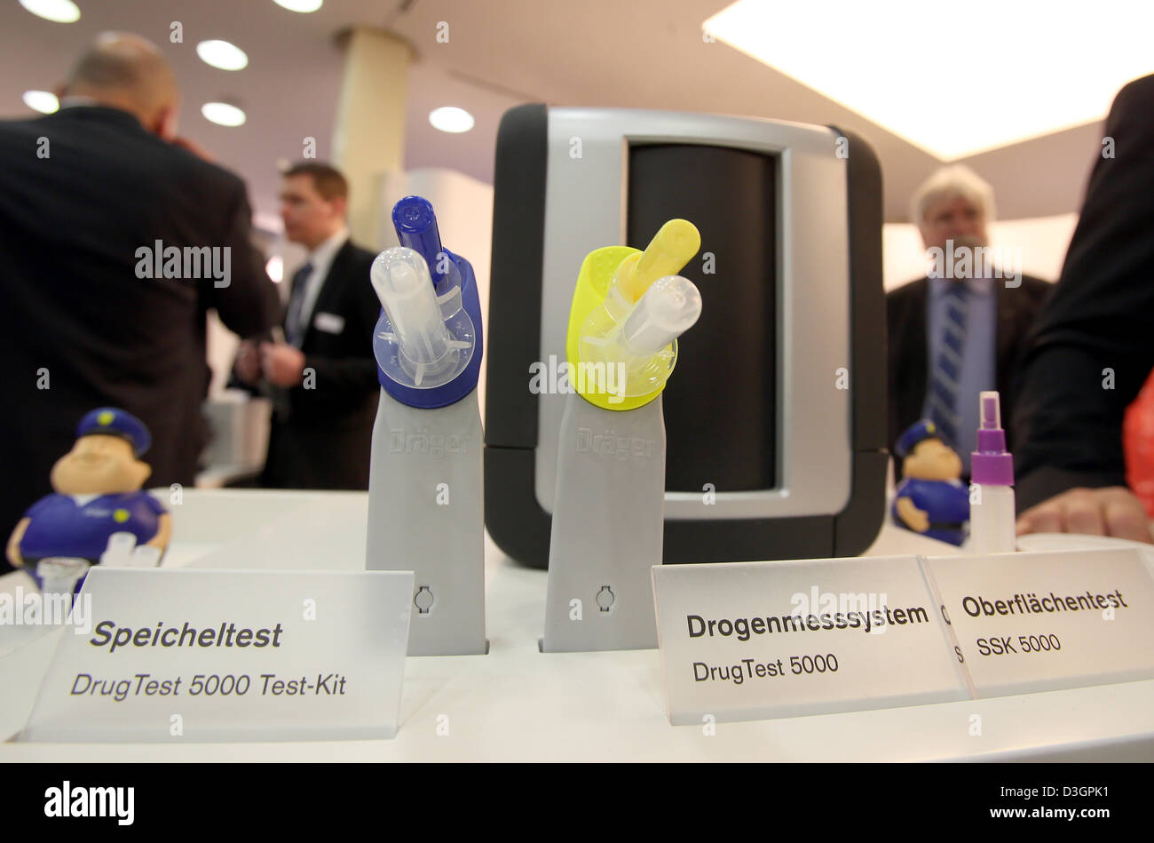 A device for tests for different types of drugs is exhibited at the 16th European Police Congress in Berlin, Germany, 19 February 2013. The Congress with the motto 'Schutz und Sicherheit im digitalen Raum' ('Protection and safety in the digital space') focusses on the role of the police in social networks, ePolice and equipment and ends on 20 February 2013. Photo: Wolfgang Kumm Stock Photo